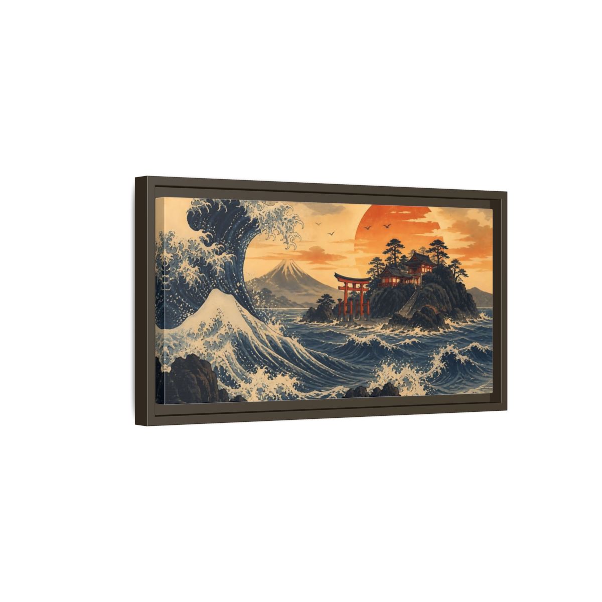 Side Mockup 7. Ocean Wave With Torii shown as framed canvas print