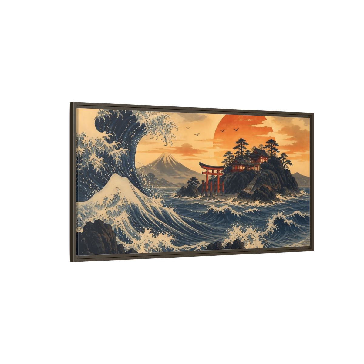 Side Mockup 4. Ocean Wave With Torii shown as framed canvas print