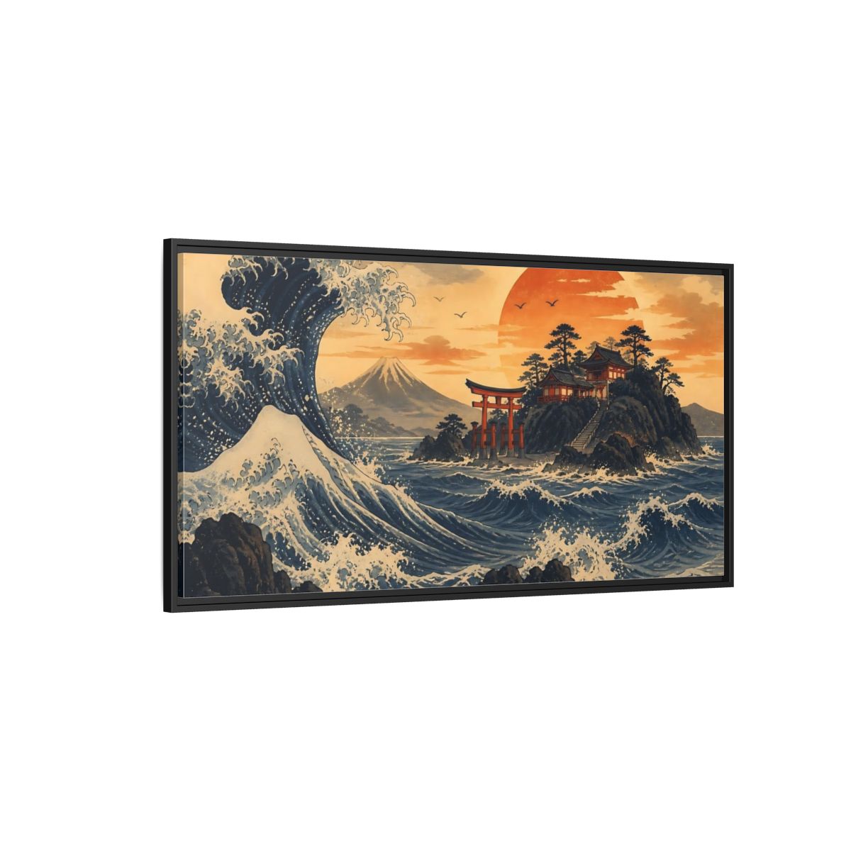 Side Mockup 5. Ocean Wave With Torii shown as framed canvas print