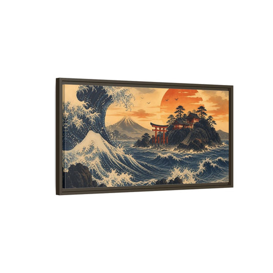 Main Mockup. Ocean Wave With Torii shown as framed canvas print