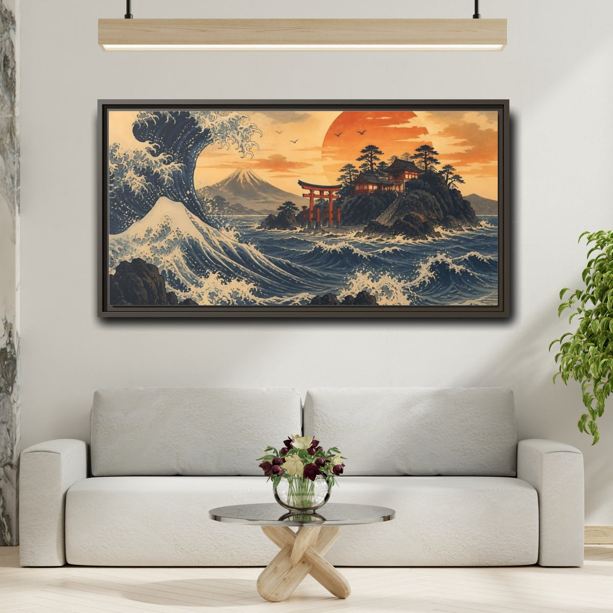 Mockup 2. Ocean Wave With Torii shown as framed canvas print