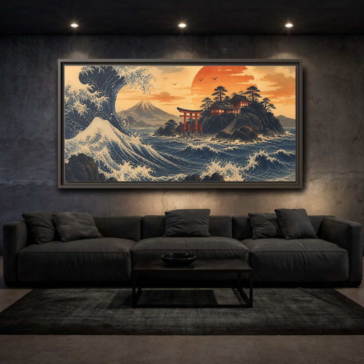 Mockup 3. Ocean Wave With Torii shown as framed canvas print