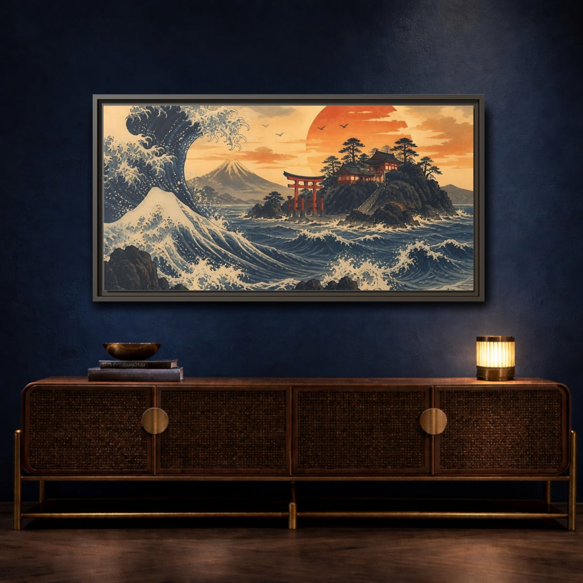 Mockup 4. Ocean Wave With Torii shown as framed canvas print