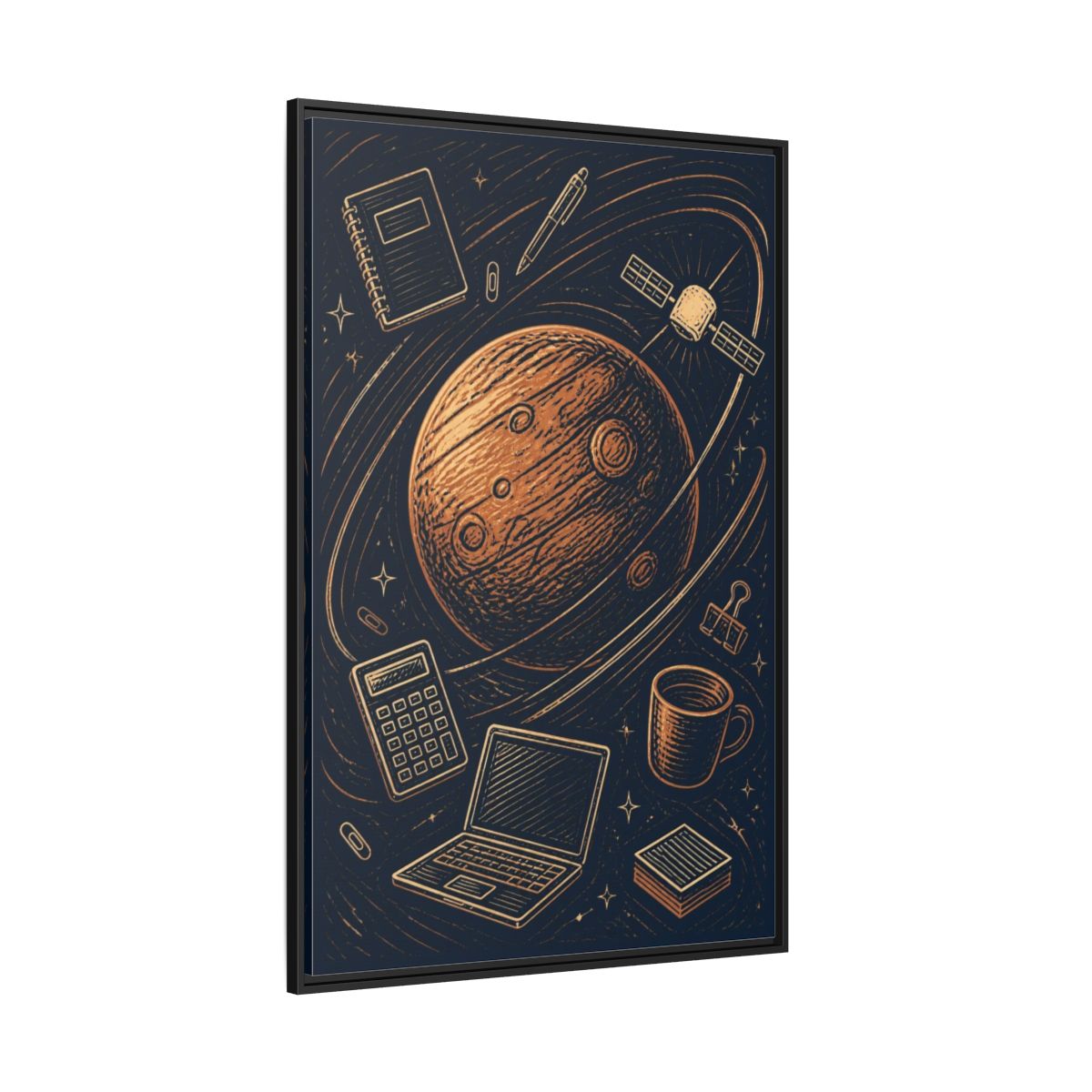 Side Mockup 12. Office Copper Planet shown as framed canvas print