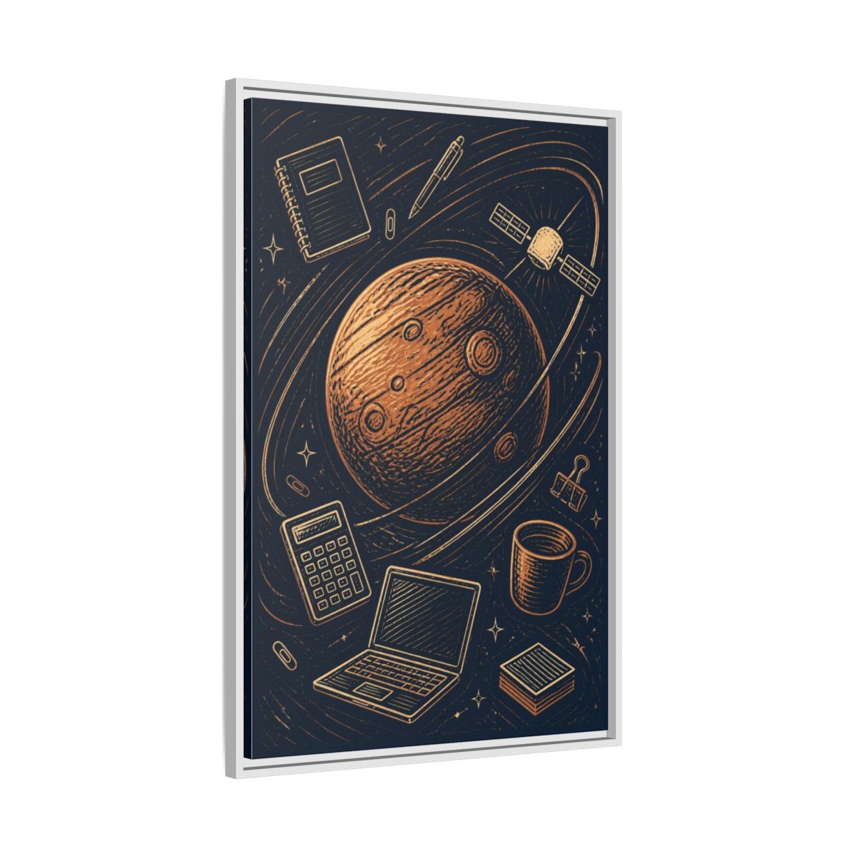 Side Mockup 9. Office Copper Planet shown as framed canvas print