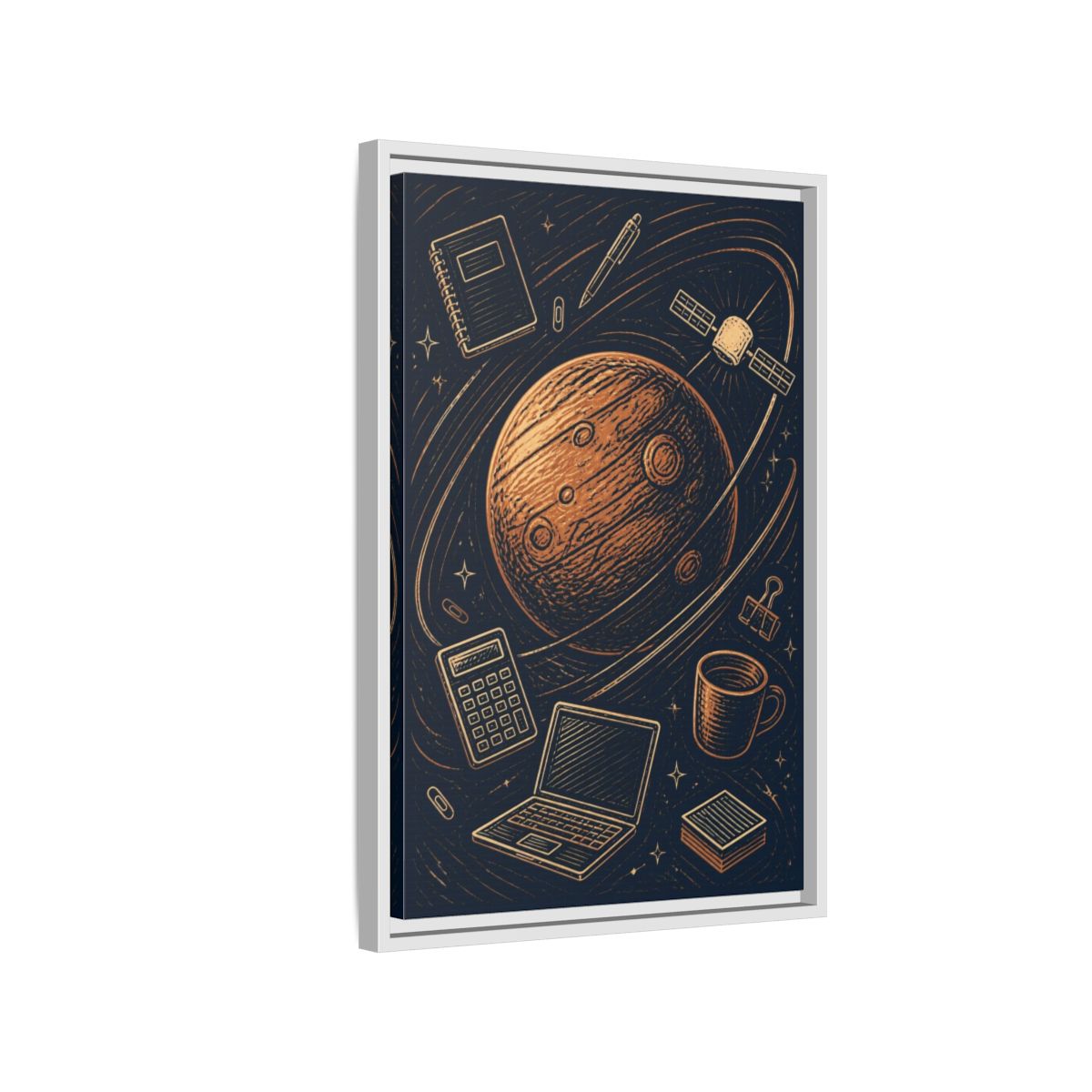 Side Mockup 1. Office Copper Planet shown as framed canvas print