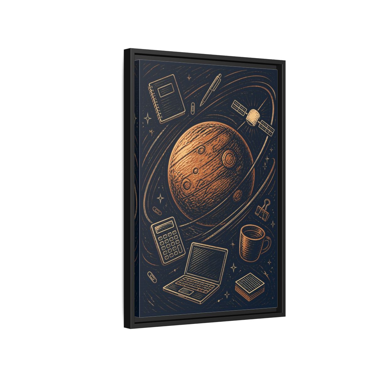 Side Mockup 3. Office Copper Planet shown as framed canvas print