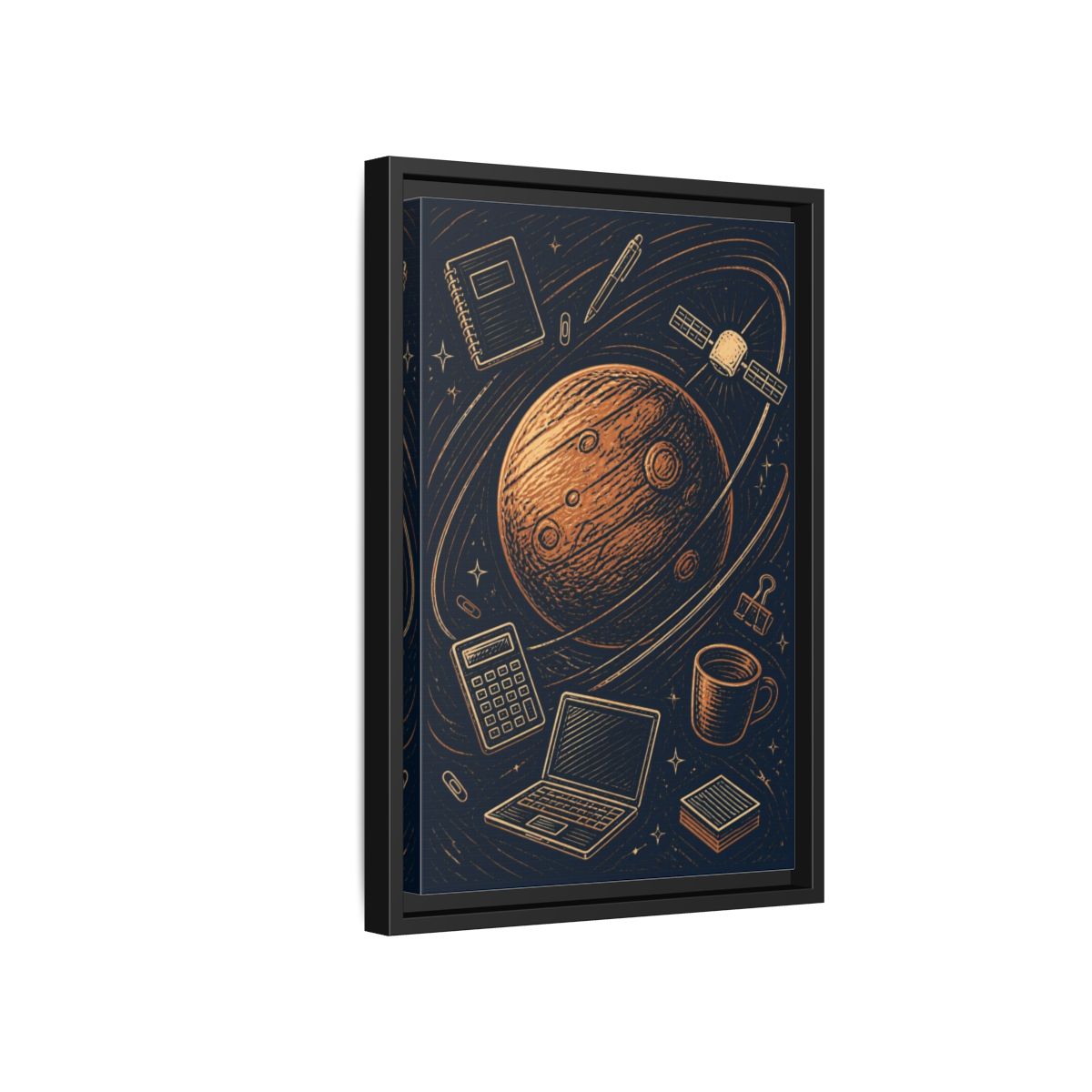 Side Mockup 6. Office Copper Planet shown as framed canvas print