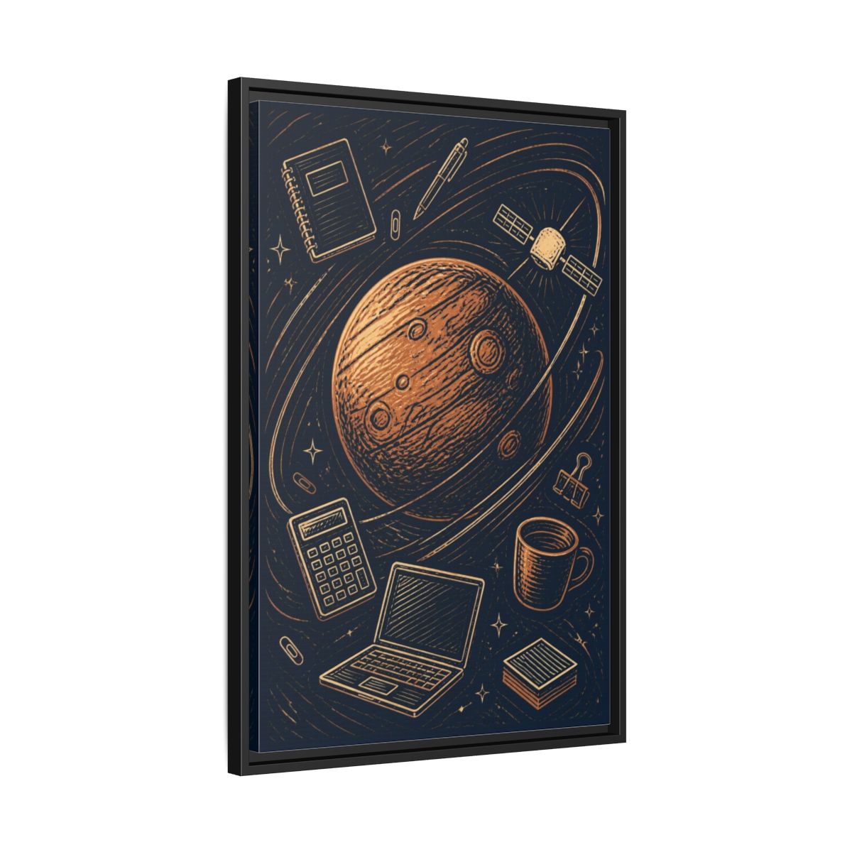 Side Mockup 14. Office Copper Planet shown as framed canvas print