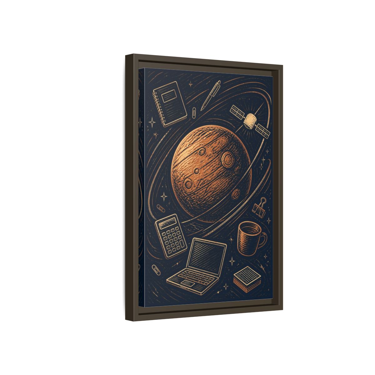 Side Mockup 5. Office Copper Planet shown as framed canvas print