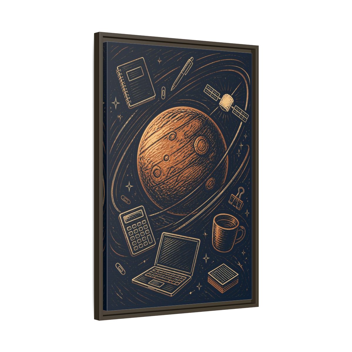 Side Mockup 11. Office Copper Planet shown as framed canvas print