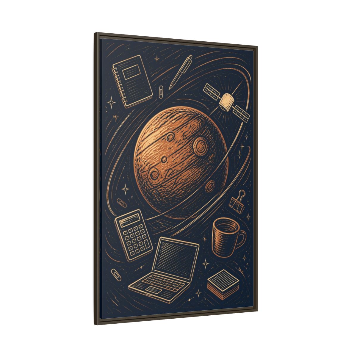 Side Mockup 8. Office Copper Planet shown as framed canvas print