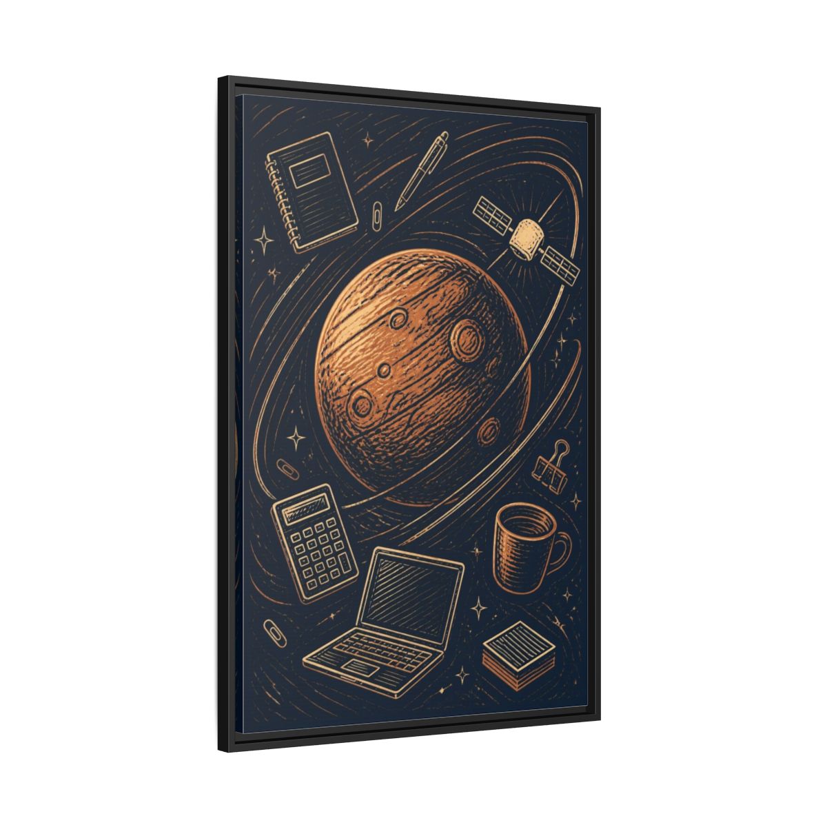 Side Mockup 13. Office Copper Planet shown as framed canvas print