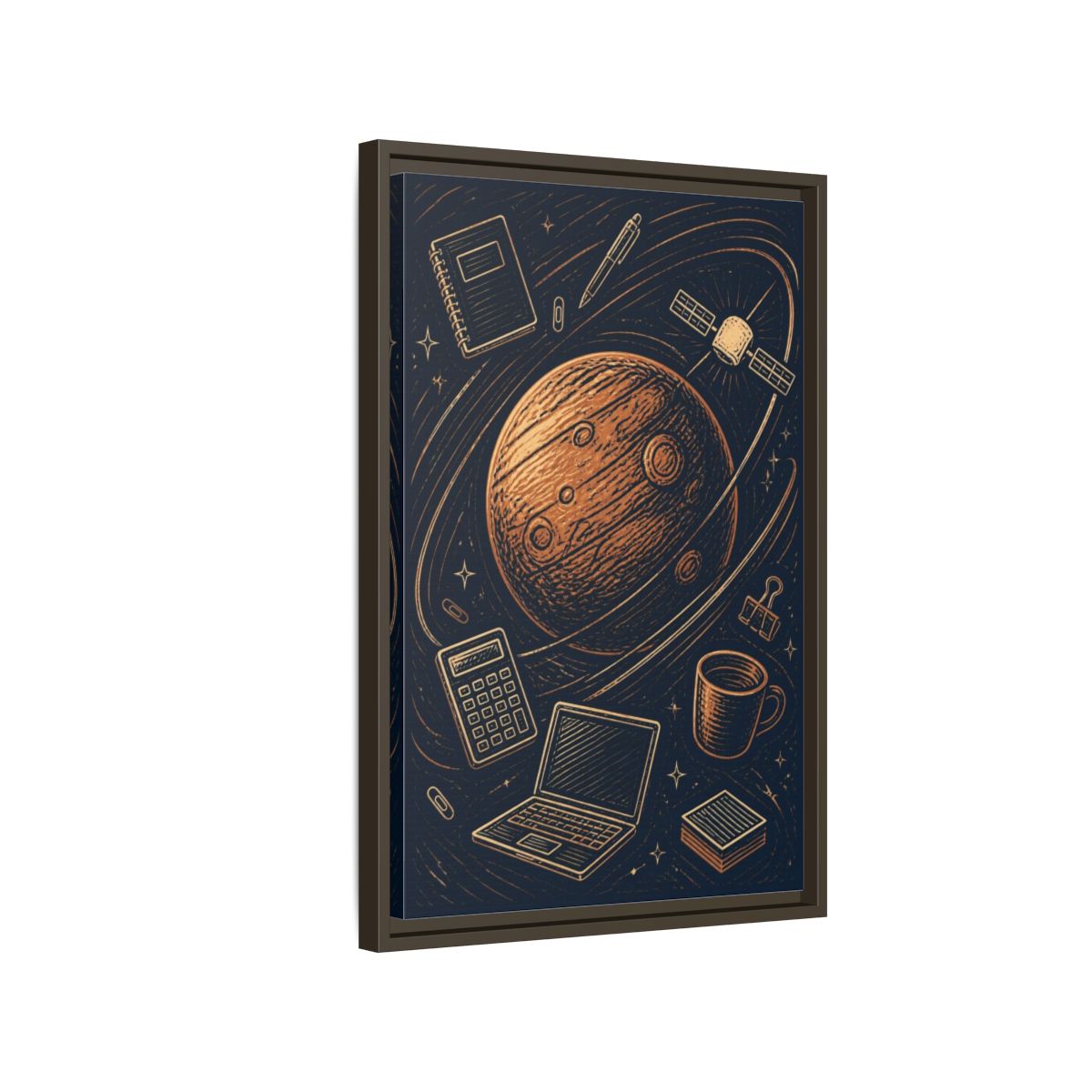 Side Mockup 2. Office Copper Planet shown as framed canvas print