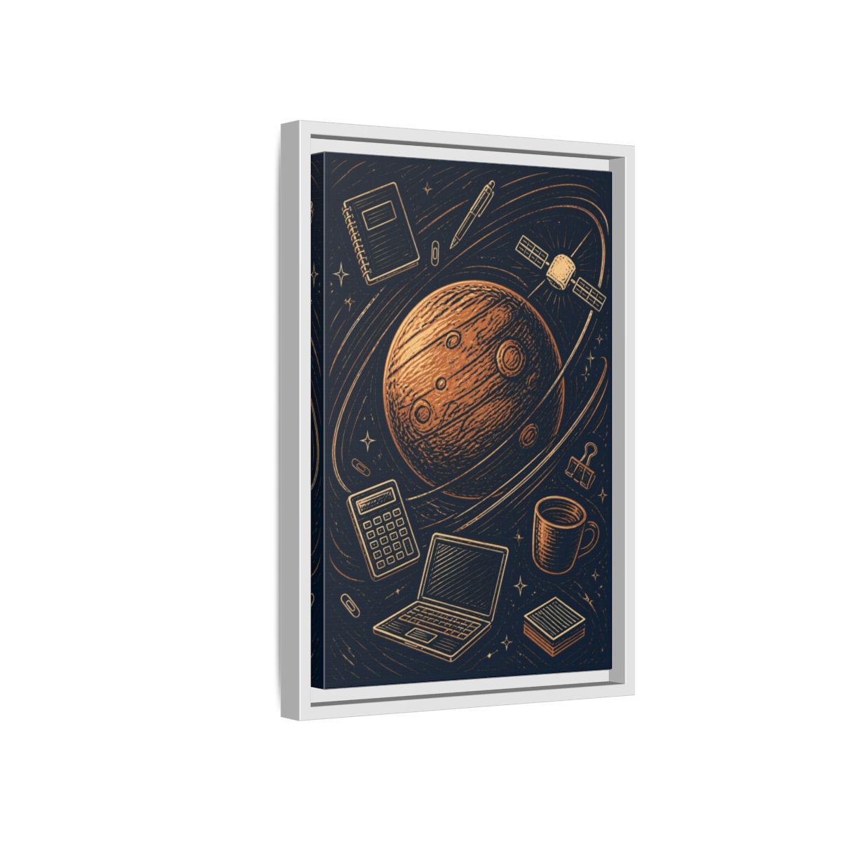 Side Mockup 4. Office Copper Planet shown as framed canvas print