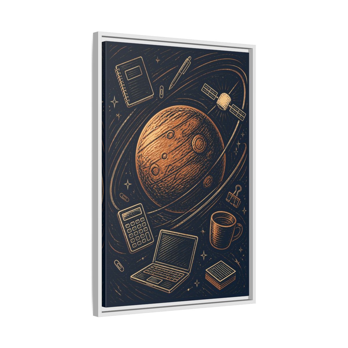 Side Mockup 10. Office Copper Planet shown as framed canvas print