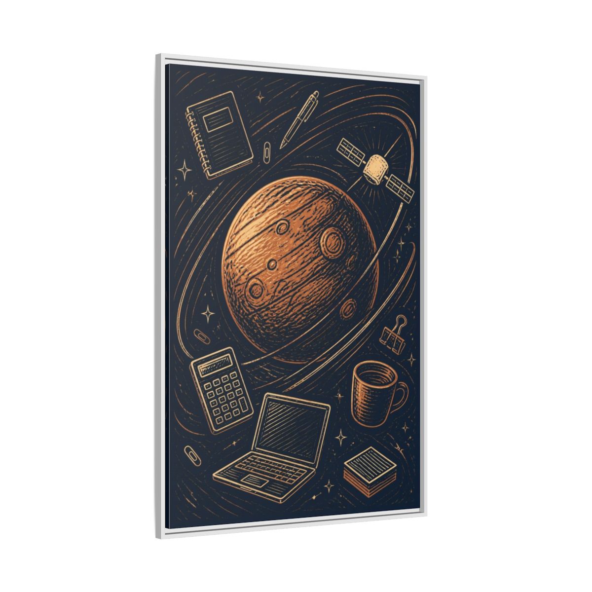 Side Mockup 7. Office Copper Planet shown as framed canvas print