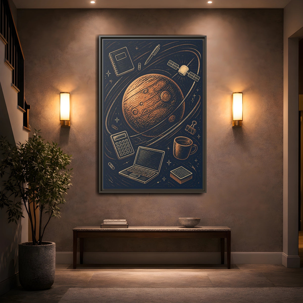 Mockup 2. Office Copper Planet shown as framed canvas print