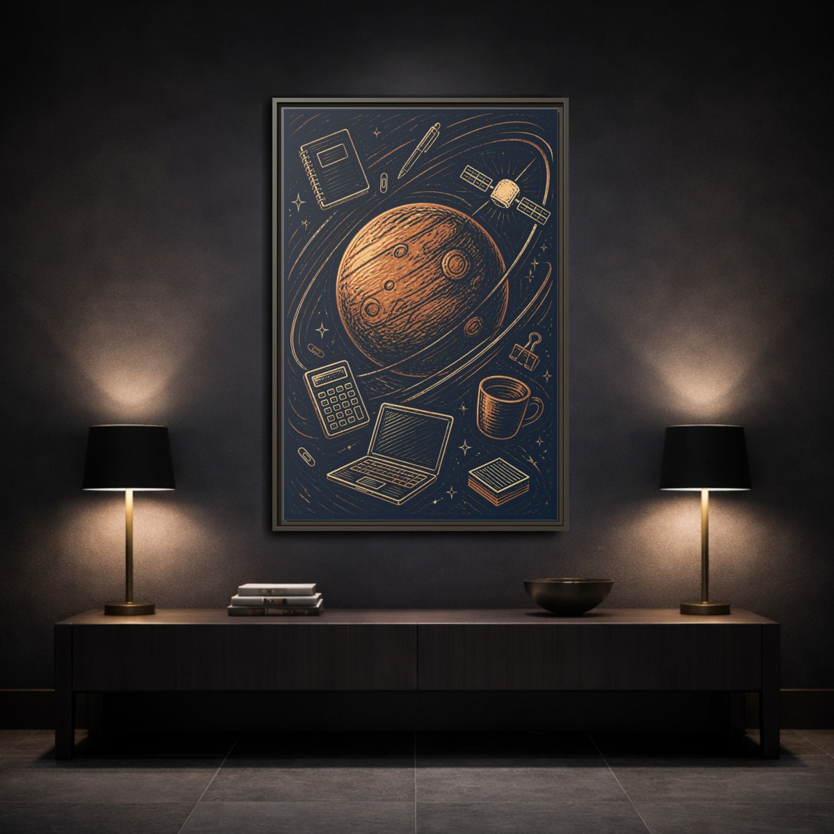 Mockup 3. Office Copper Planet shown as framed canvas print