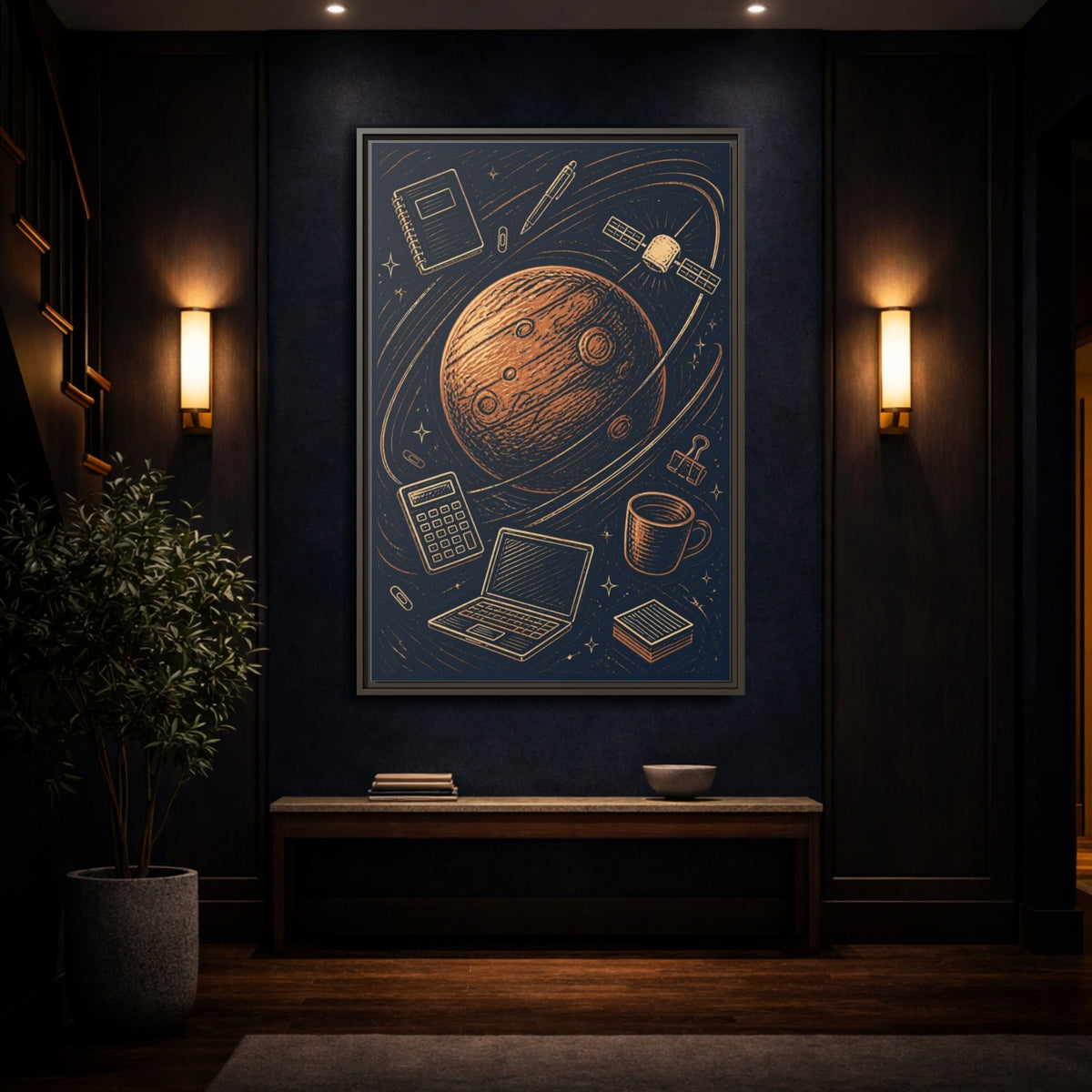 Mockup 4. Office Copper Planet shown as framed canvas print