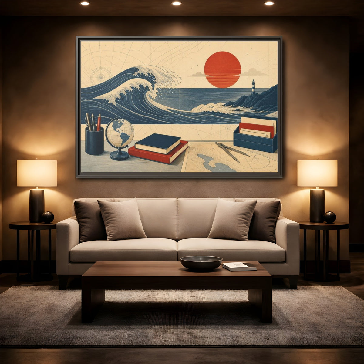 Mockup 2. Office Curling Wave Chart shown as framed canvas print