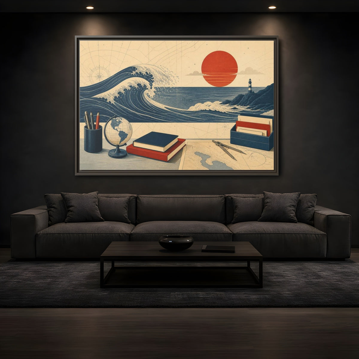 Mockup 3. Office Curling Wave Chart shown as framed canvas print