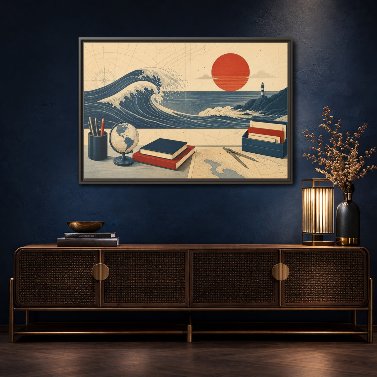 Mockup 4. Office Curling Wave Chart shown as framed canvas print