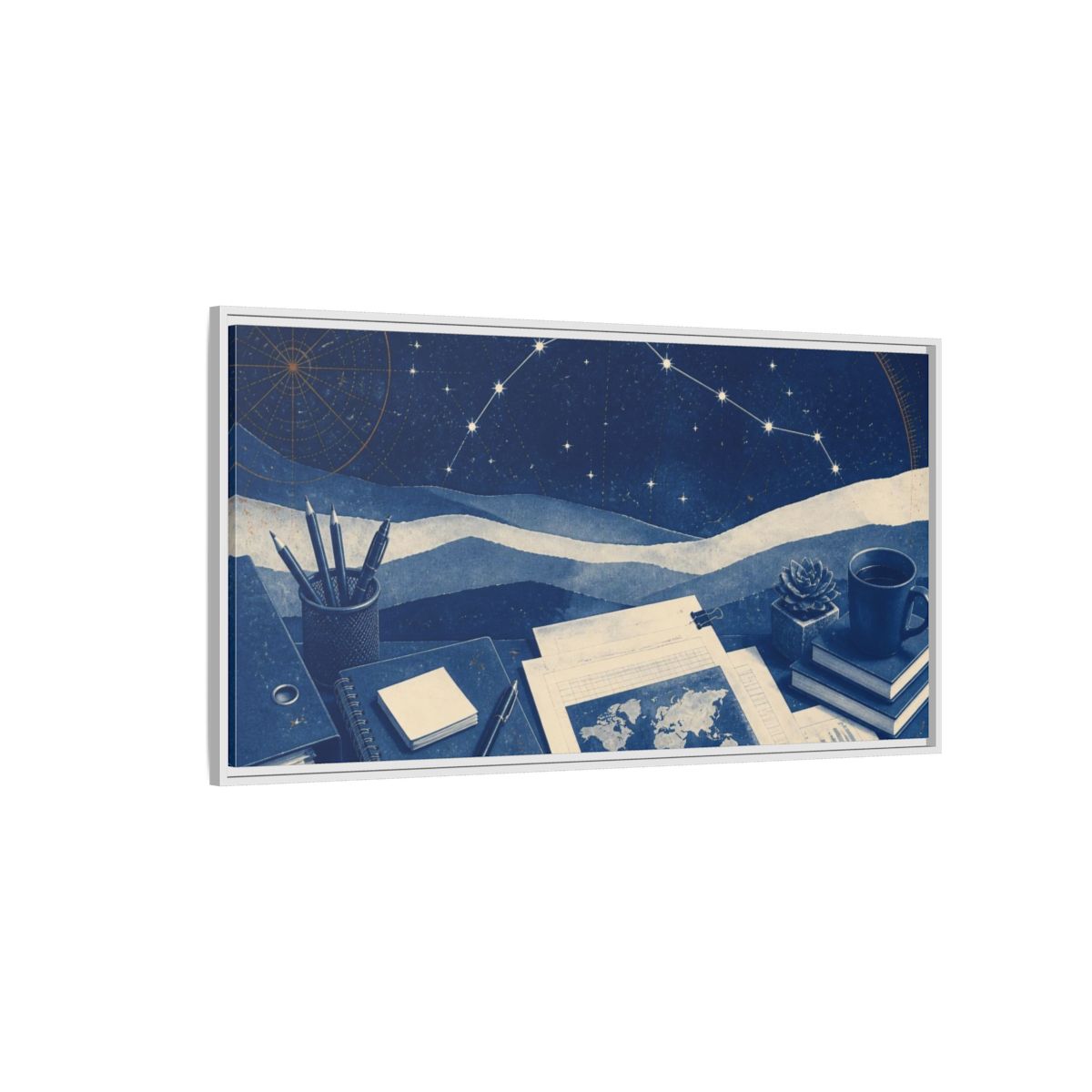 Side Mockup 3. Office Desk Constellation Map shown as framed canvas print