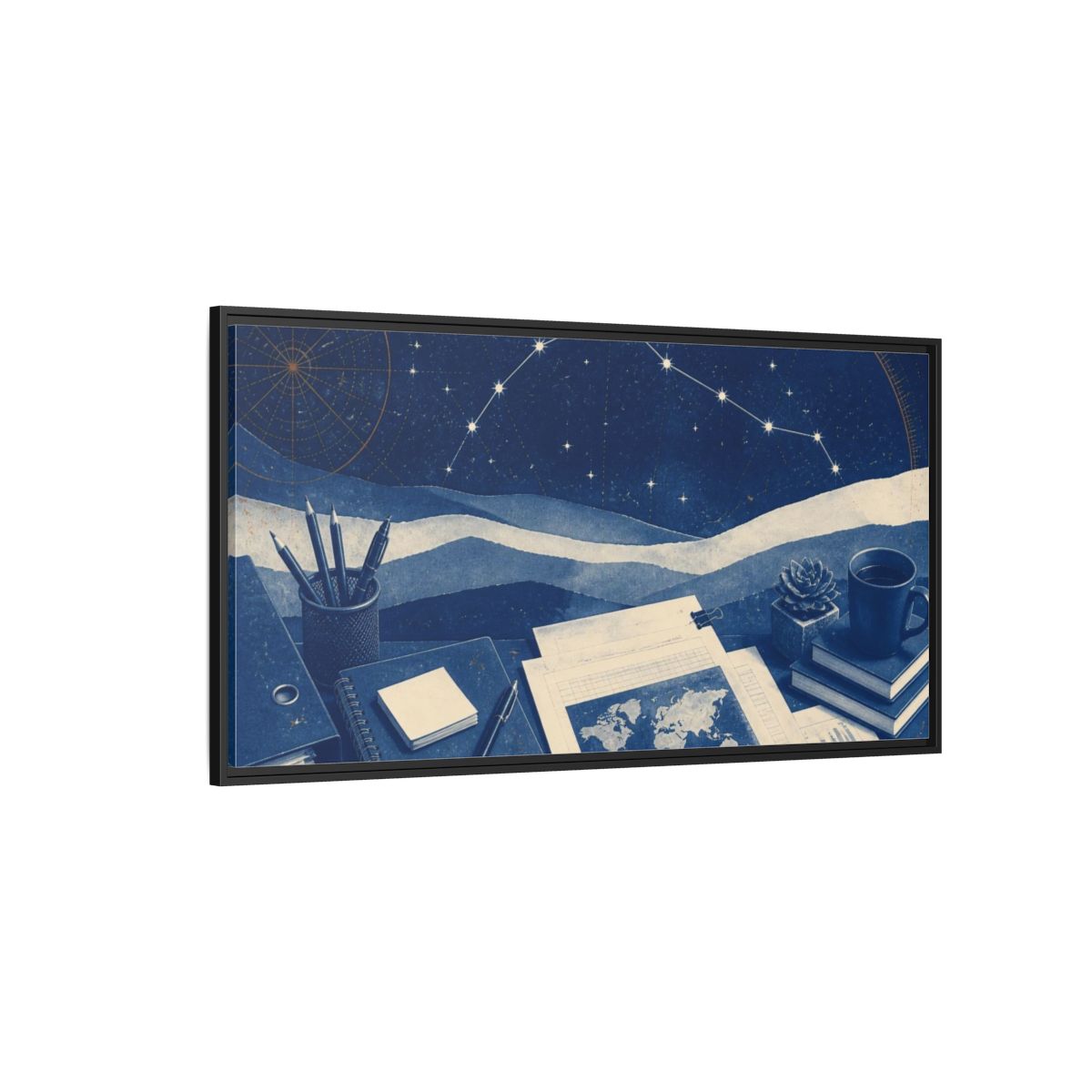 Side Mockup 5. Office Desk Constellation Map shown as framed canvas print