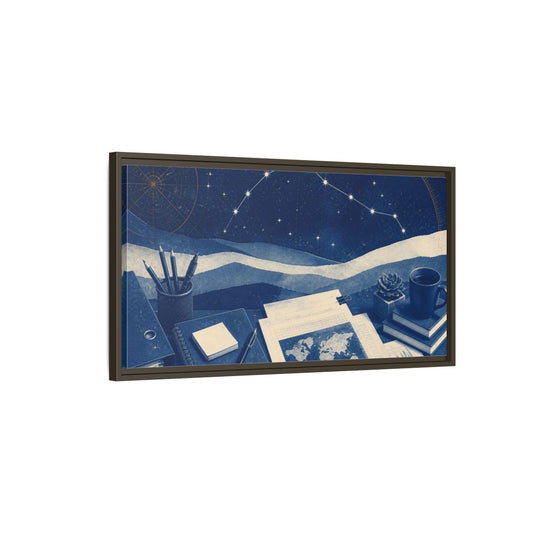 Main Mockup. Office Desk Constellation Map shown as framed canvas print
