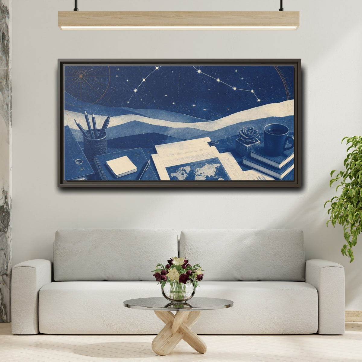 Mockup 2. Office Desk Constellation Map shown as framed canvas print
