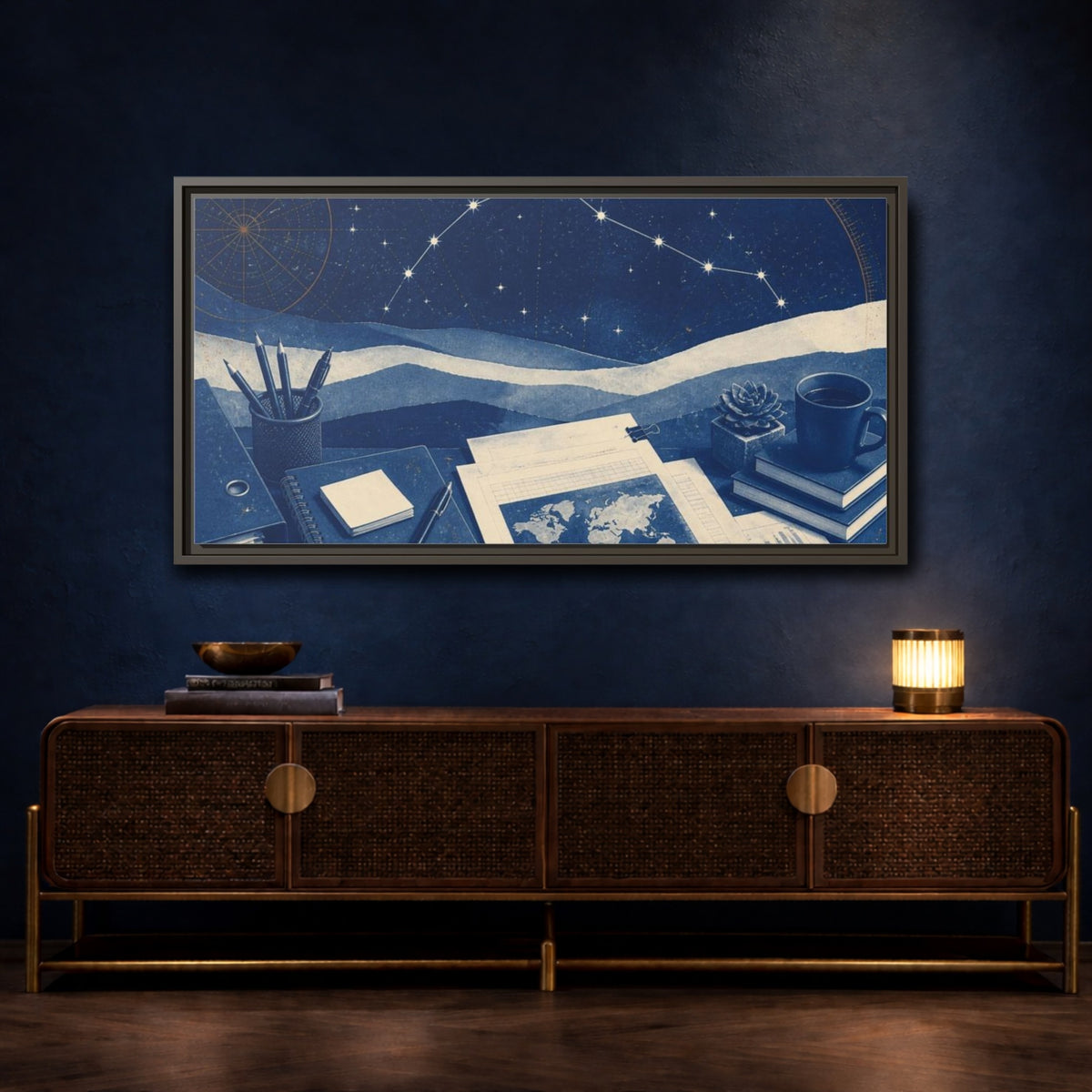Mockup 4. Office Desk Constellation Map shown as framed canvas print