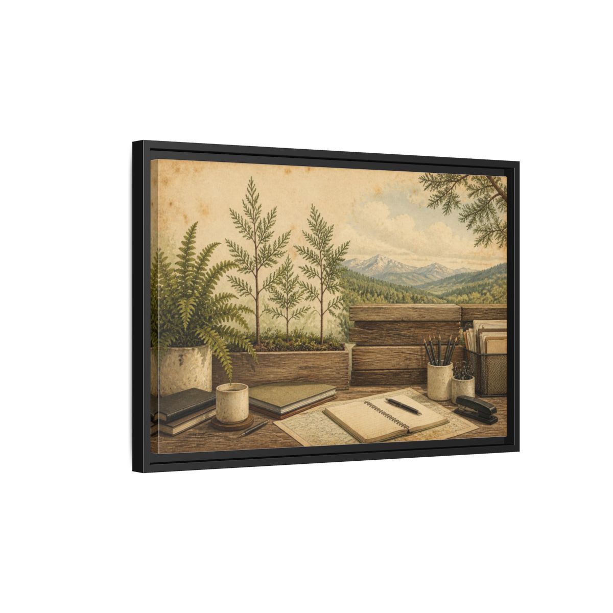Side Mockup 3. Office Desk With Ferns shown as framed canvas print