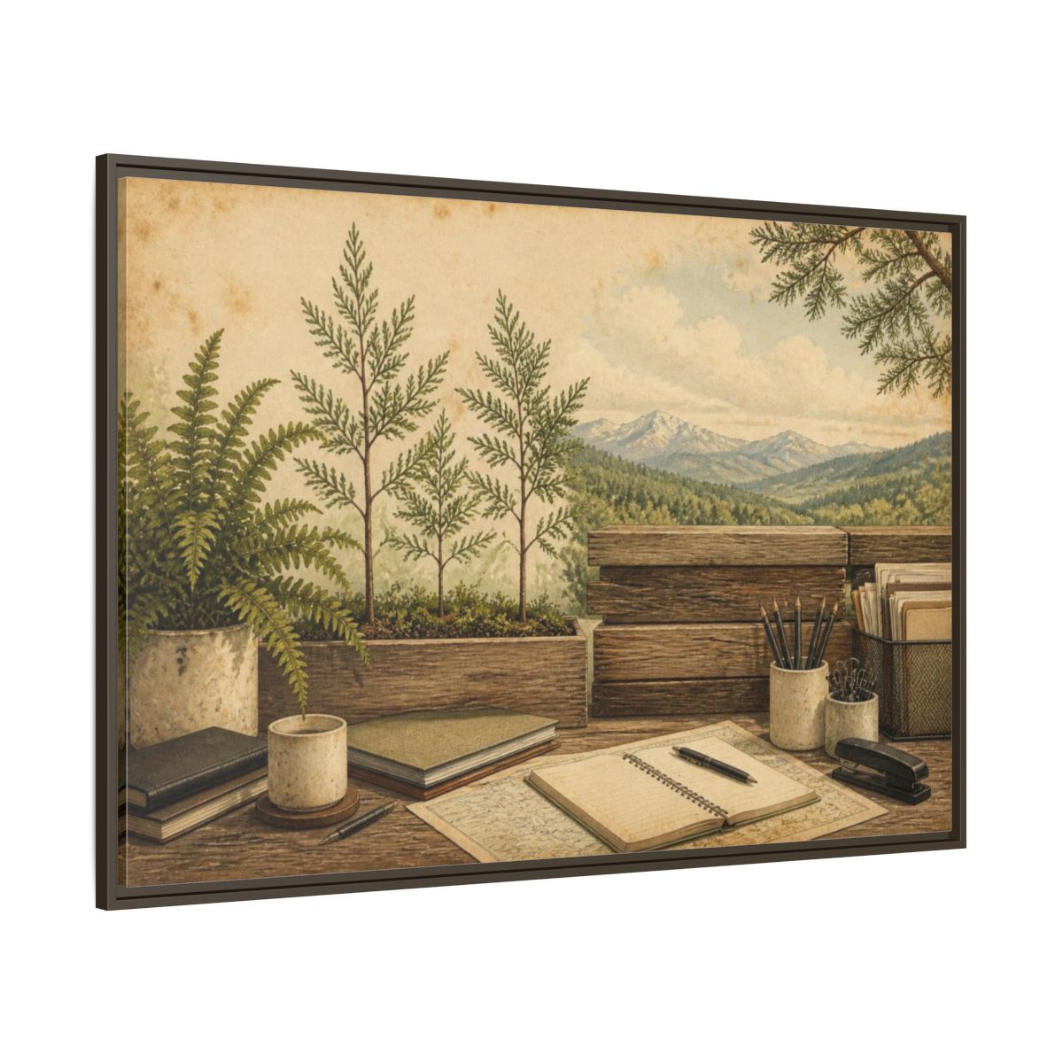 Side Mockup 8. Office Desk With Ferns shown as framed canvas print