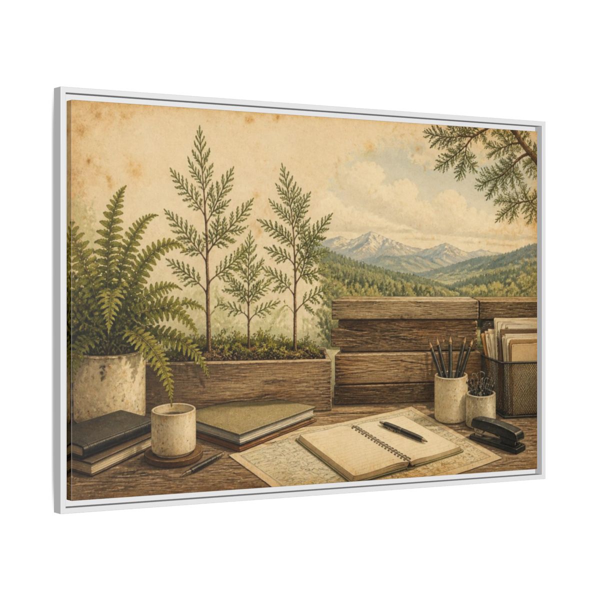 Side Mockup 7. Office Desk With Ferns shown as framed canvas print