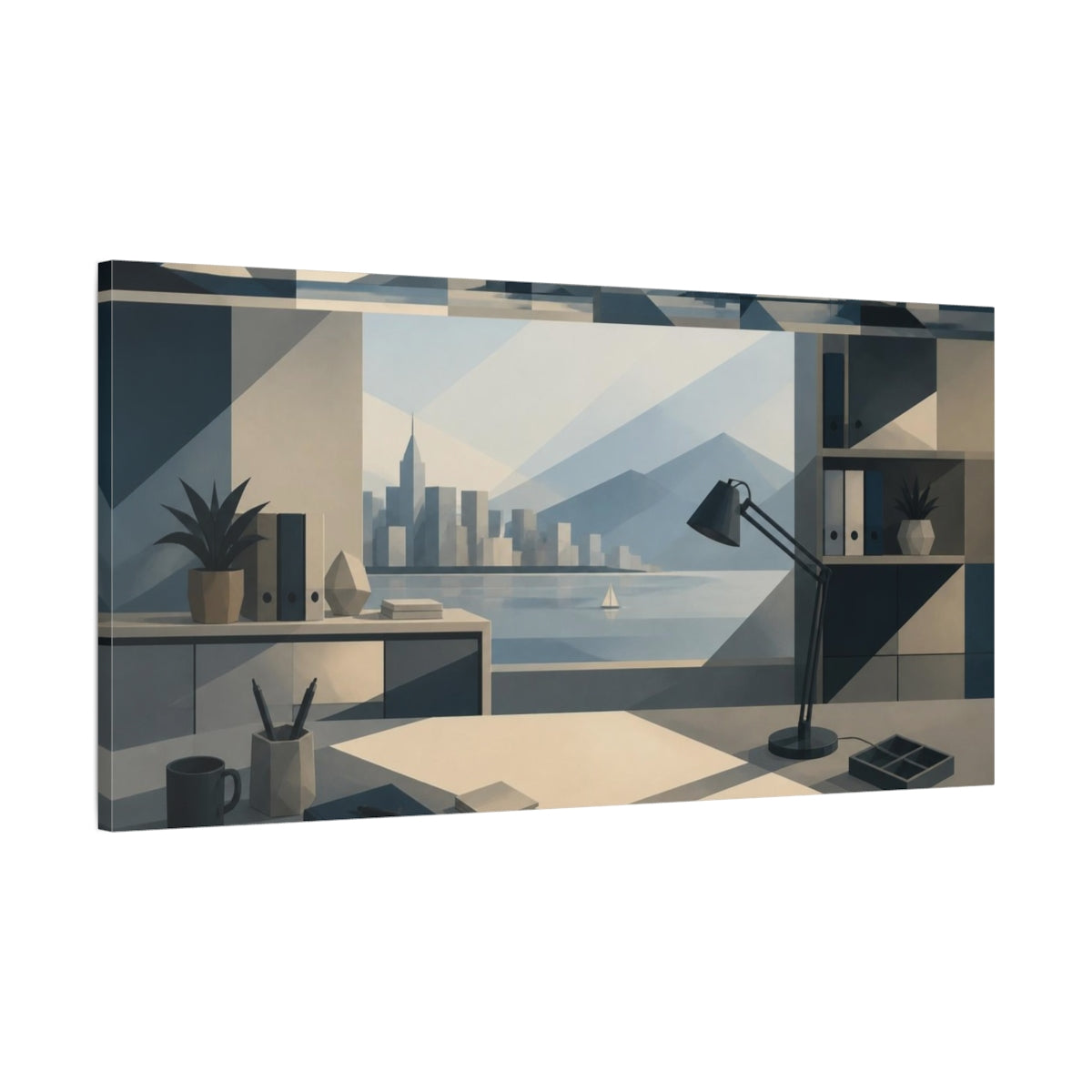 Main Mockup. Office Desk With Skyline shown as canvas print