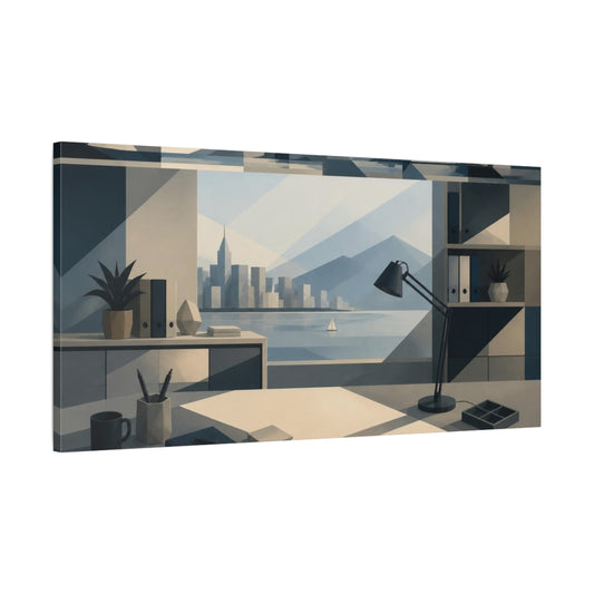 Main Mockup. Office Desk With Skyline shown as canvas print