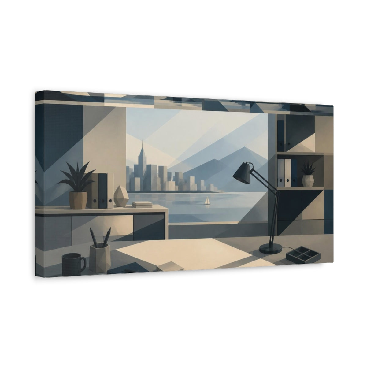 Side Mockup 3. Office Desk With Skyline shown as canvas print