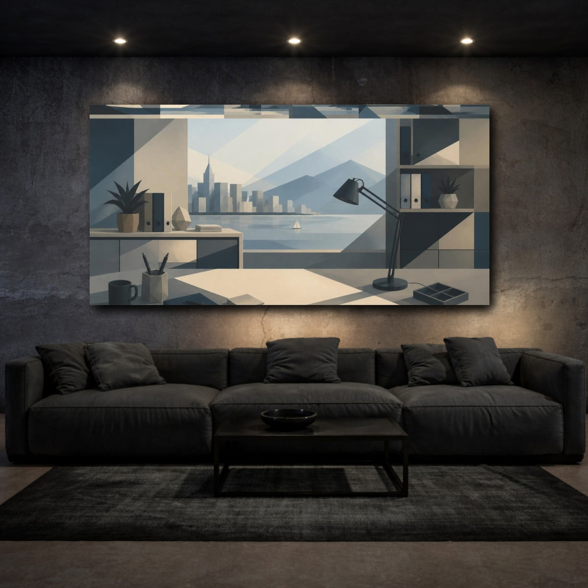 Mockup 3. Office Desk With Skyline shown as canvas print
