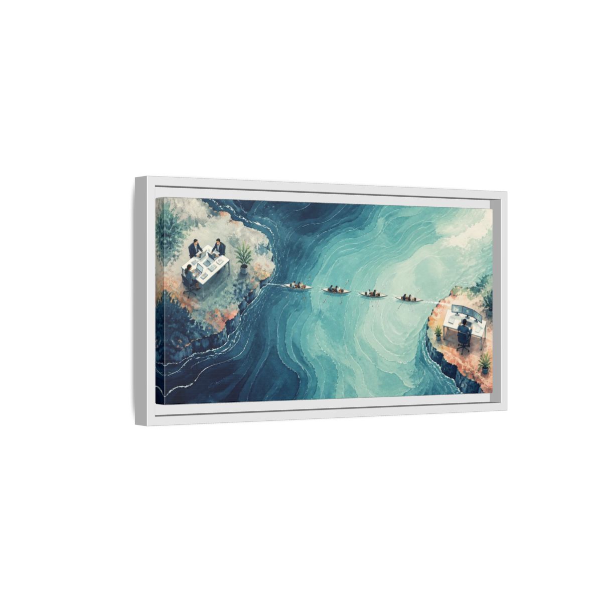Side Mockup 6. Office Desks At Sea shown as framed canvas print