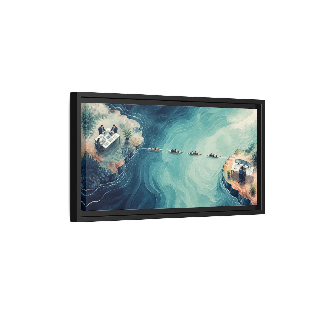 Side Mockup 8. Office Desks At Sea shown as framed canvas print