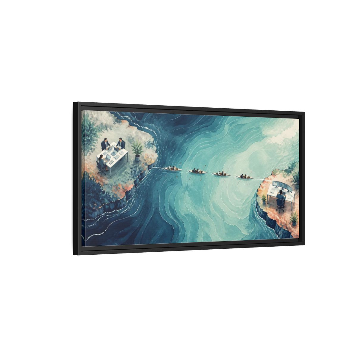 Side Mockup 2. Office Desks At Sea shown as framed canvas print
