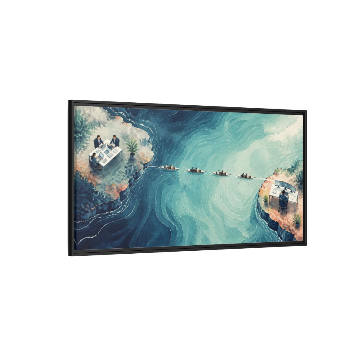 Side Mockup 5. Office Desks At Sea shown as framed canvas print