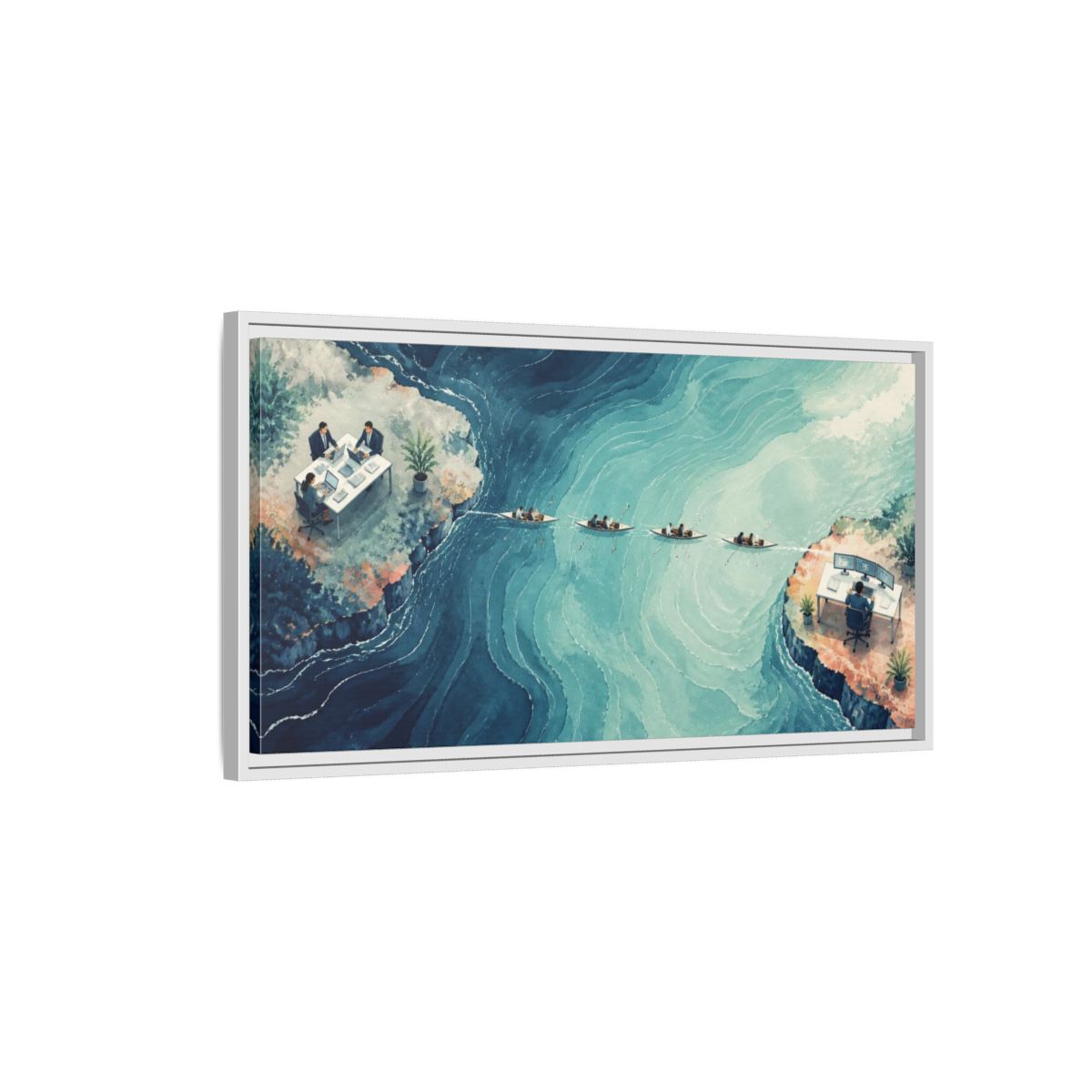 Side Mockup 1. Office Desks At Sea shown as framed canvas print