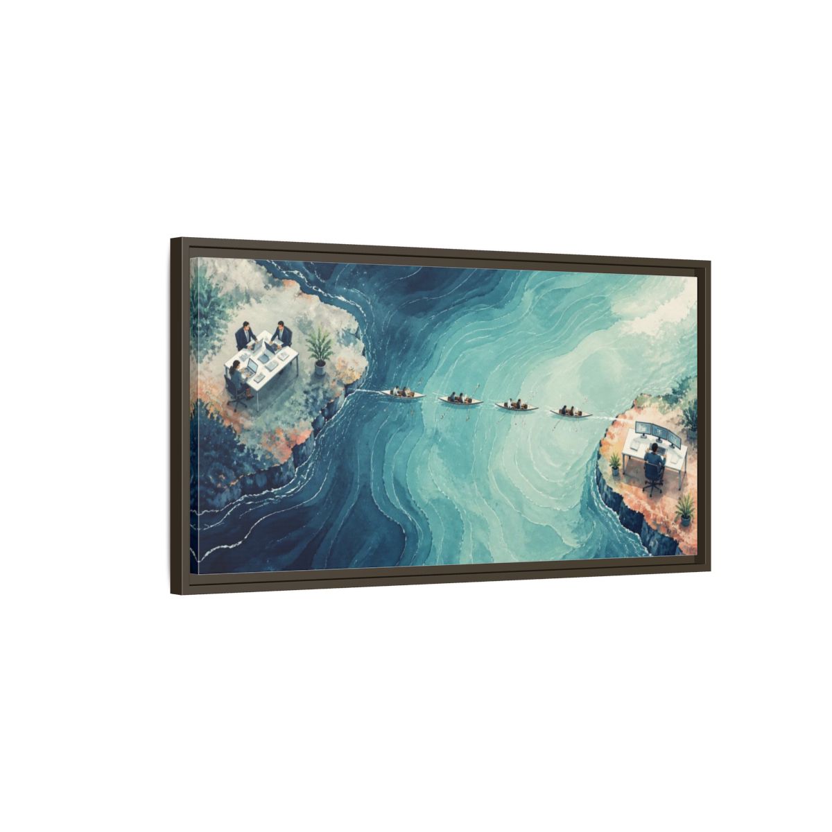 Main Mockup. Office Desks At Sea shown as framed canvas print