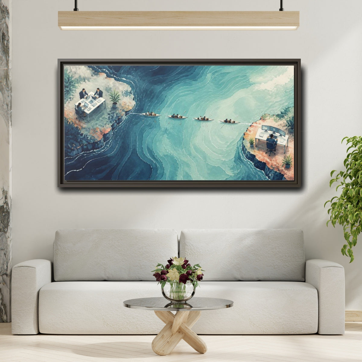 Mockup 2. Office Desks At Sea shown as framed canvas print