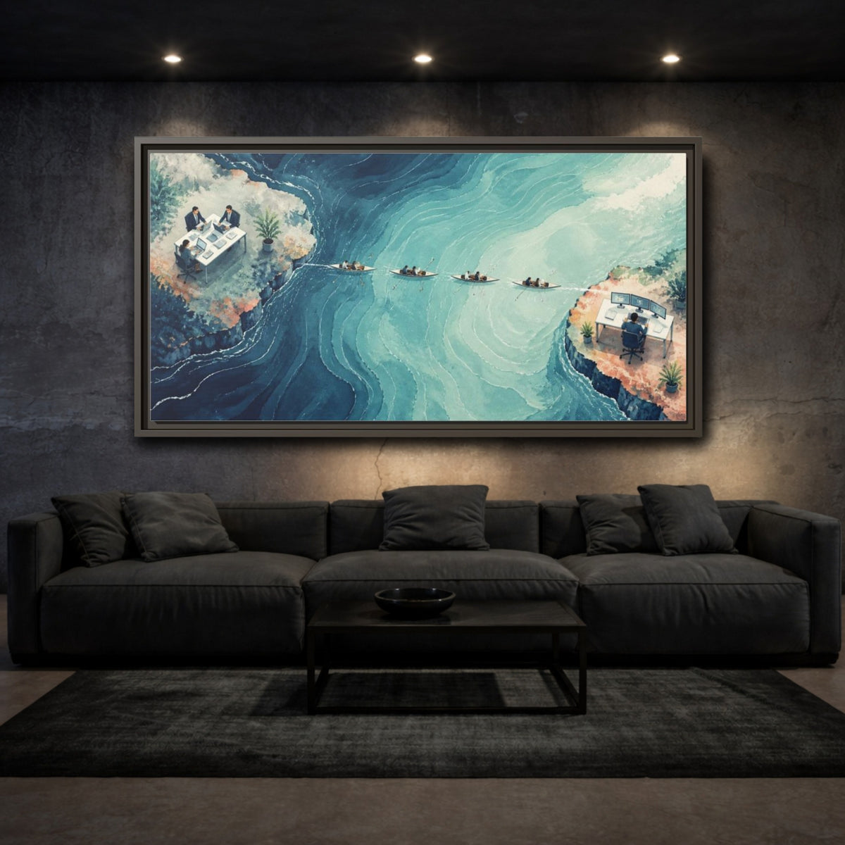Mockup 3. Office Desks At Sea shown as framed canvas print