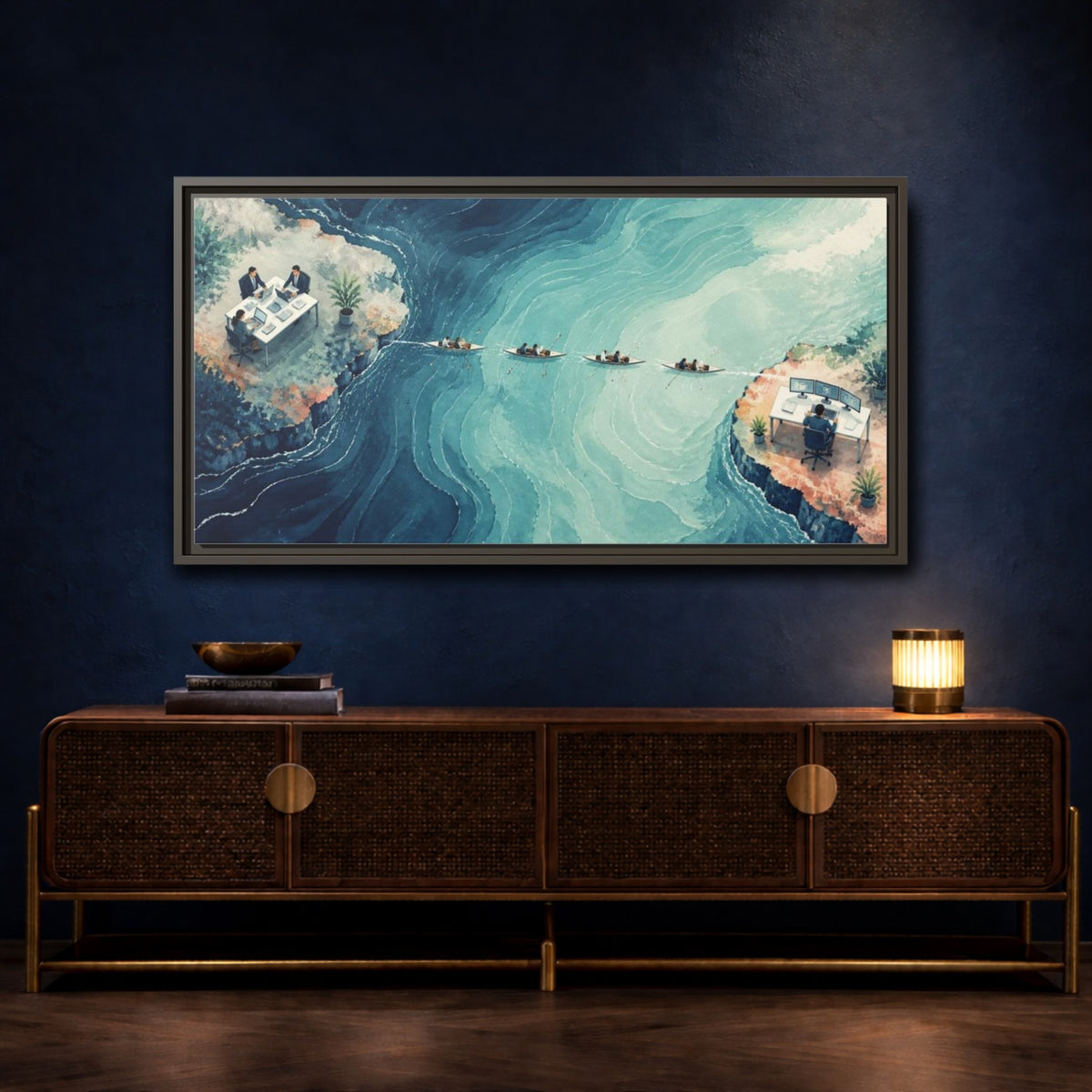 Mockup 4. Office Desks At Sea shown as framed canvas print