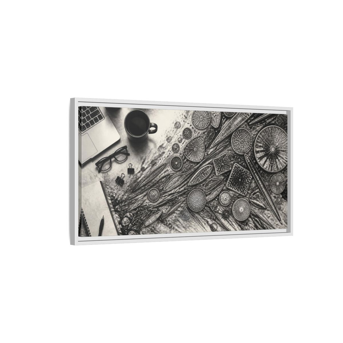 Side Mockup 1. Office Diatom Study shown as framed canvas print