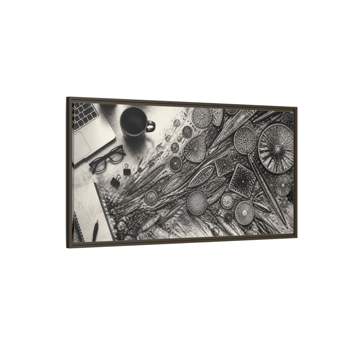 Side Mockup 4. Office Diatom Study shown as framed canvas print